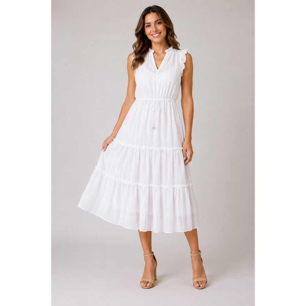 Tommy Hilfiger White Tiered Midi Dress NWT Size 4 Textured Ruffle Sleeveless